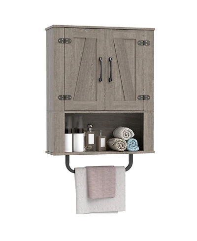 Gymax Bathroom Wall Cabinet with 2 Barn Doors and Metal Towel Bar Wooden Storage Cabinet