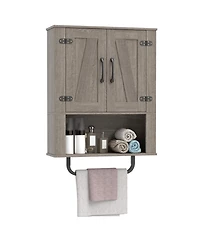 Gymax Bathroom Wall Cabinet with 2 Barn Doors and Metal Towel Bar Wooden Storage Cabinet