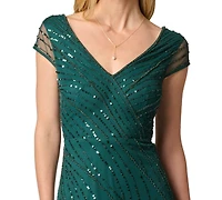 Adrianna Papell Women's Beaded Cap-Sleeve V-Neck Midi Dress