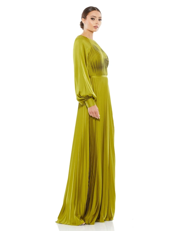 Mac Duggal Women's High Neck Blouson Sleeve Sequin Gown