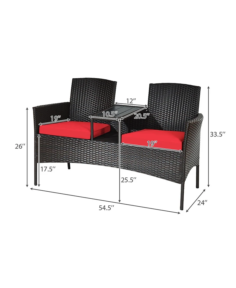 Gymax Patented Rattan Wicker Patio Conversation Set w/ Loveseat Table Cushion