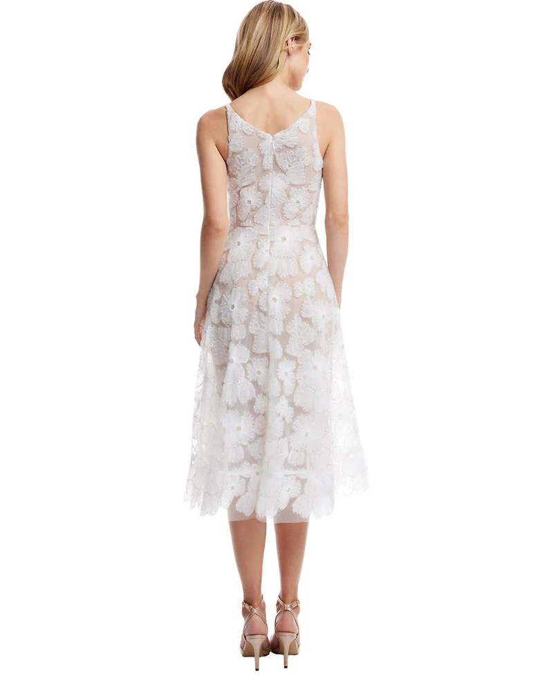 Dress The Population Women's Blair V-Neck 3D Floral Embroidered Fit and Flare Dress