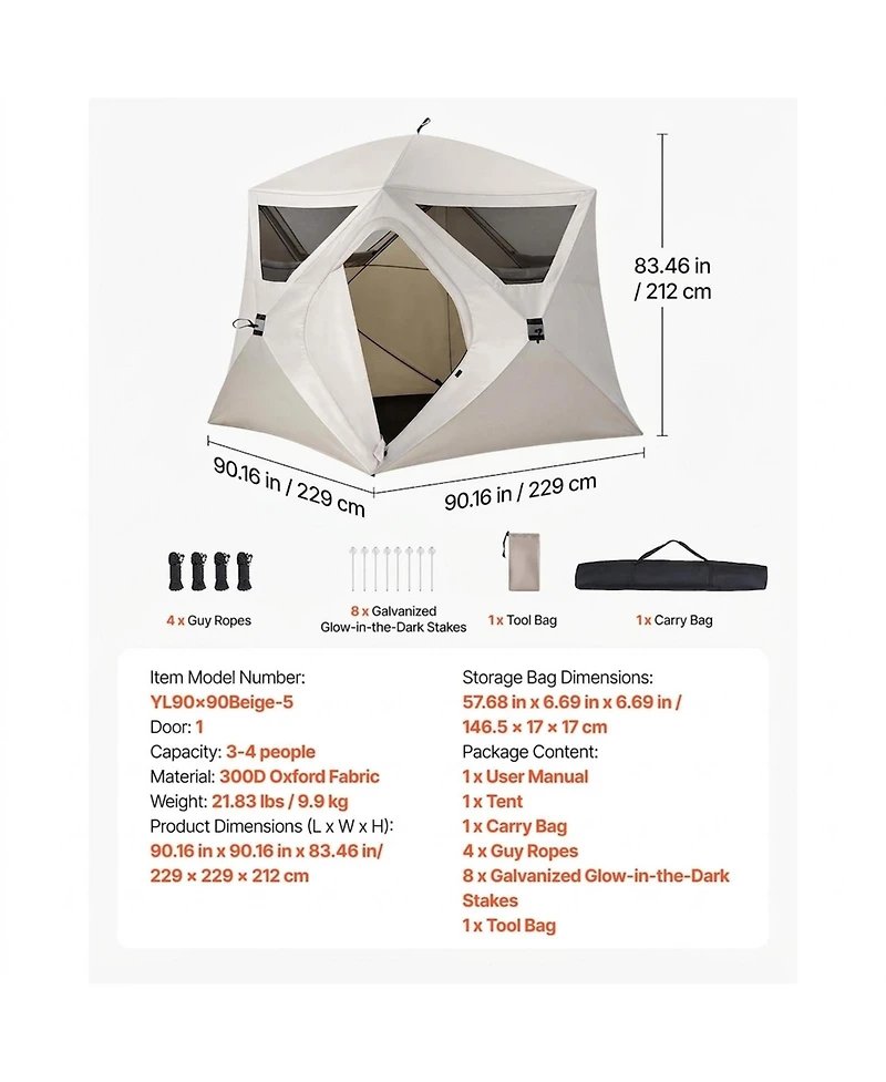 Sugift 4 Person Pop Up Instant Cabin Tent with Large Mesh Windows and 60 Second Setup
