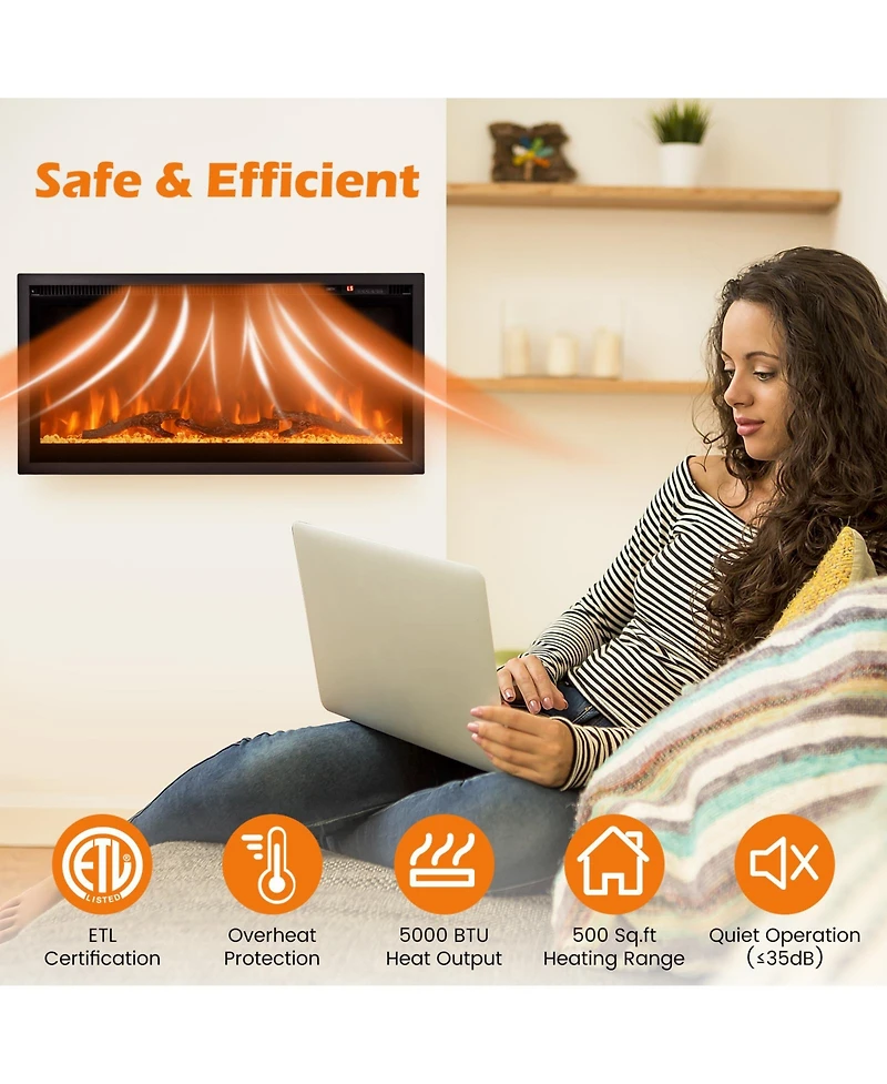 Ecooso Electric Fireplace in-Wall Recessed with Remote Control and Adjustable Color and Brightness