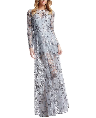 Dress The Population Women's Ava Long Sleeve Floral Sequin Gown