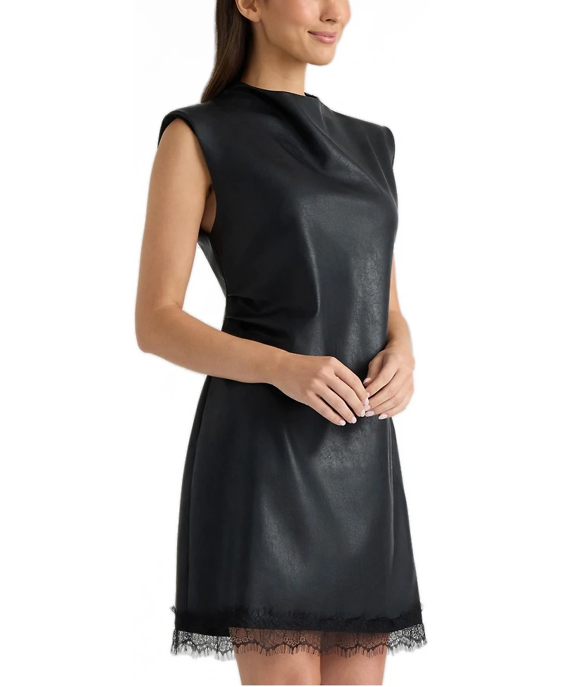 Ellen Tracy Women's Padded-Shoulder High-Neckline Lace-Trim Short Dress