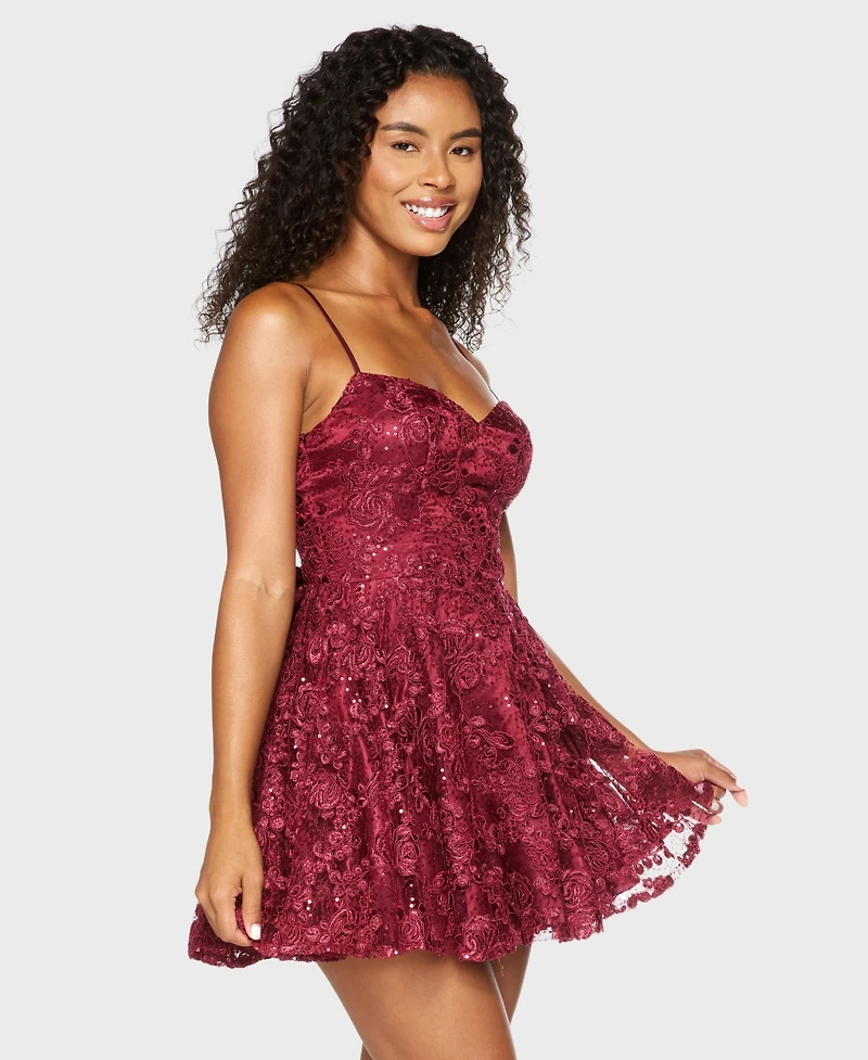 Alex & Sophia Juniors' Sweetheart Neckline Embroidered Lace Sequin Back Bow Dress