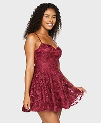 Alex & Sophia Juniors' Sweetheart Neckline Embroidered Lace Sequin Back Bow Dress
