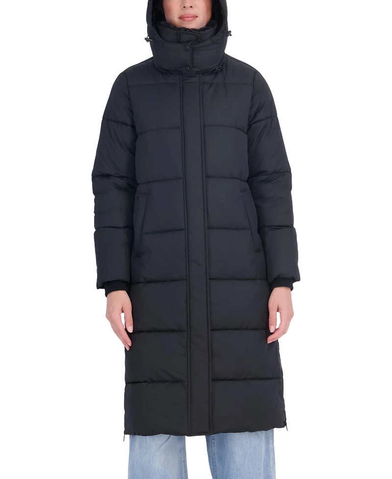 Sebby Collection Women's Long Hooded Faux Fur Trimmed Puffer Coat