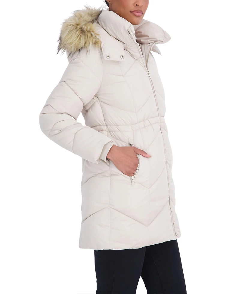 Sebby Collection Women's 3/4 Hooded Faux Fur Trimmed Puffer Coat