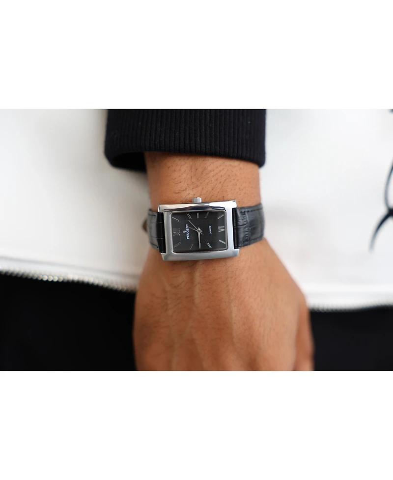 Peugeot Men's 30X40mm Silver Tank Shape Watch with Black Dial and Black Leather Strap