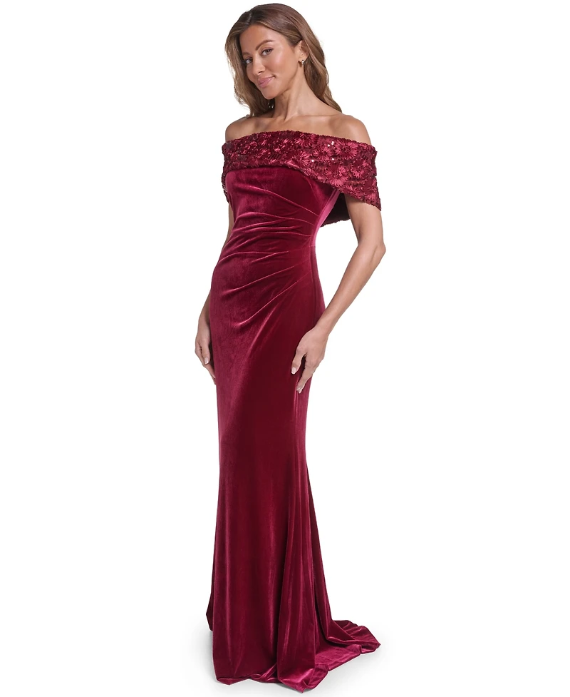 Eliza J Women's Off the Shoulder Side Tuck Velvet Floral-Applique Sequin Gown