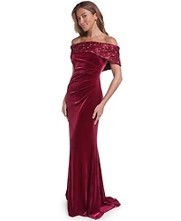 Eliza J Women's Off the Shoulder Side Tuck Velvet Floral-Applique Sequin Gown