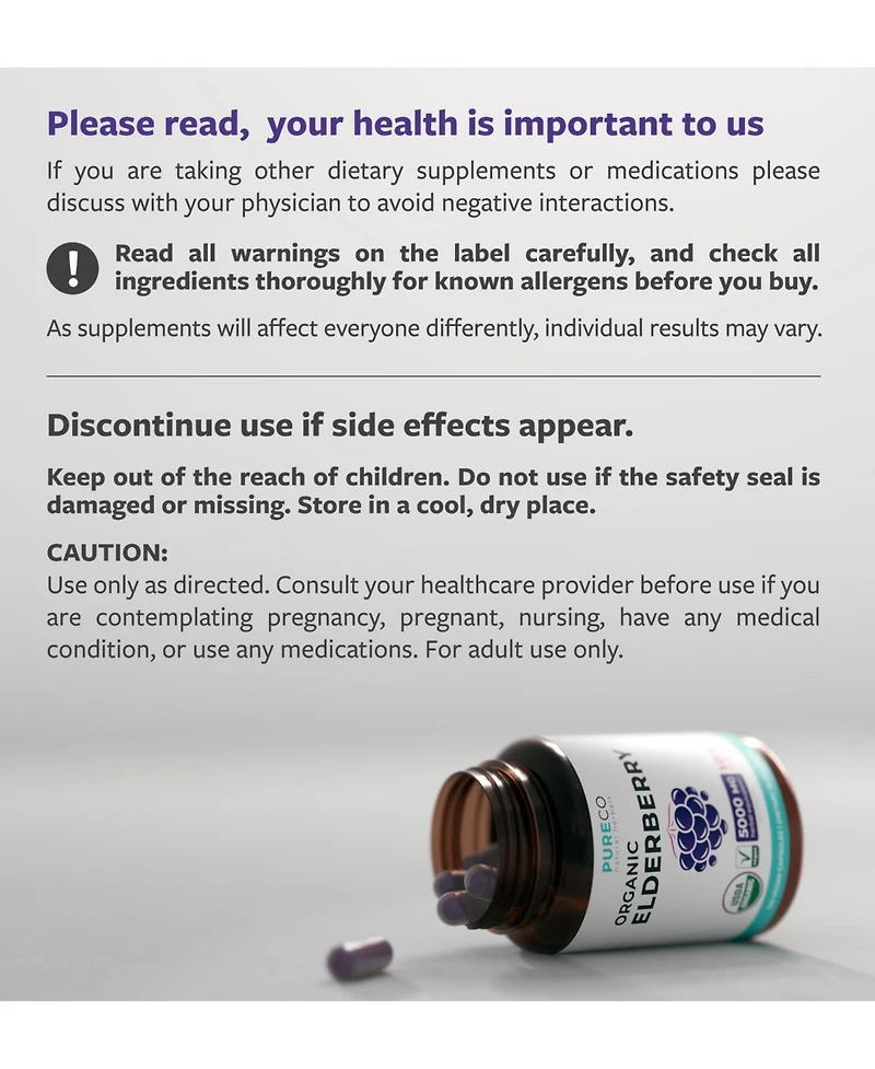 Pure Co Elderberry Extract Capsules, 10:1 Sambucus Nigra Extract, 5,000 Milligram Herbal Equivalent, 120 Capsules