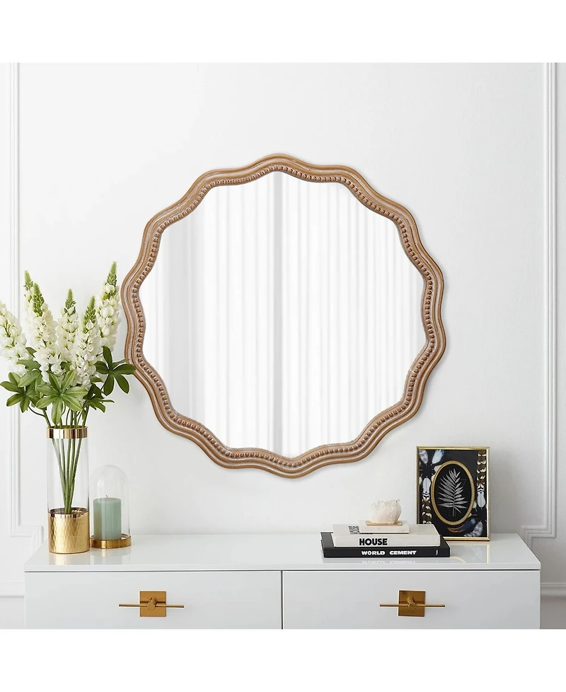 Phying 23.62 Inch Wavy Scalloped Round Wall Mirror Large Decorative Solid Wood Framed Circle Mirror Modern Stylish Hanging Vanity Mirror