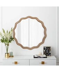 Phying 23.62 Inch Wavy Scalloped Round Wall Mirror Large Decorative Solid Wood Framed Circle Mirror Modern Stylish Hanging Vanity Mirror