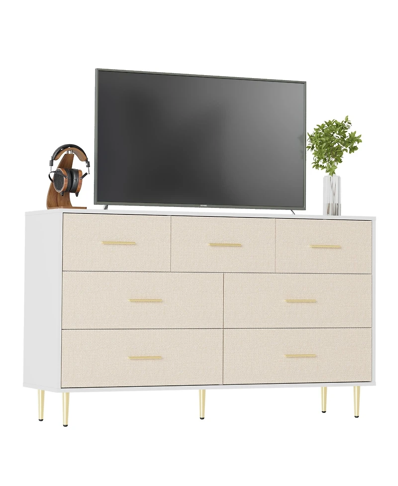 homfan Modern 7 Drawer Dresser for Bedroom, Wooden Dresser with Linen-Textured Surface, Narrow Accent Cabinet End Table for Living Room, Hallway