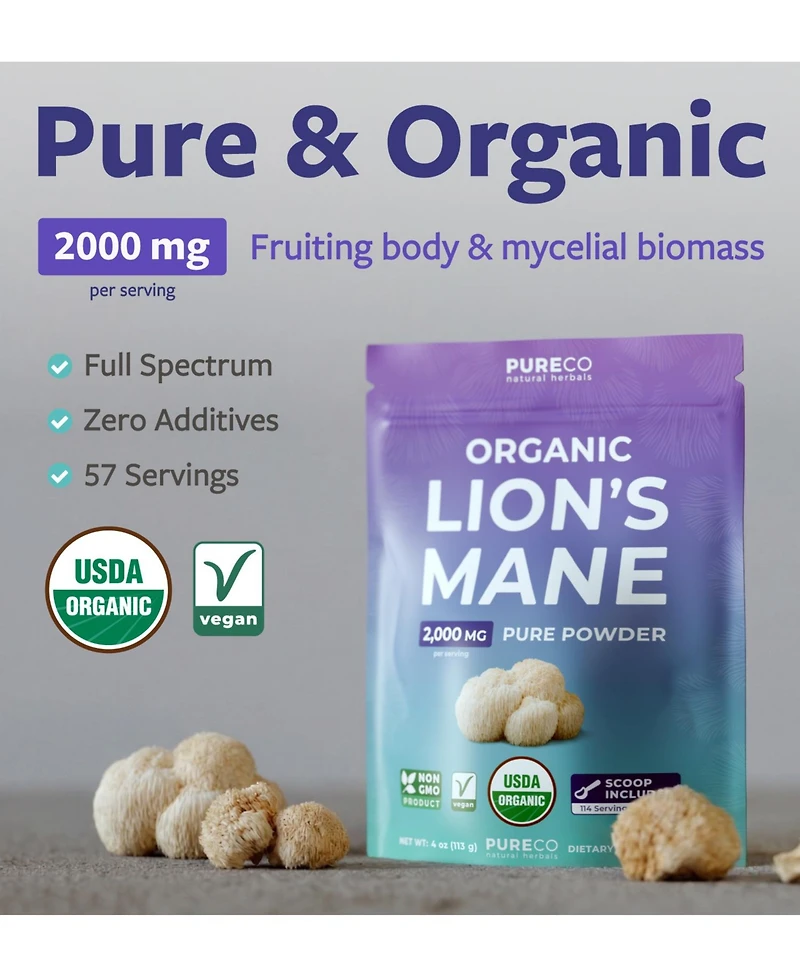 Pure Co Lion's Mane Mushroom Powder, 57 Servings