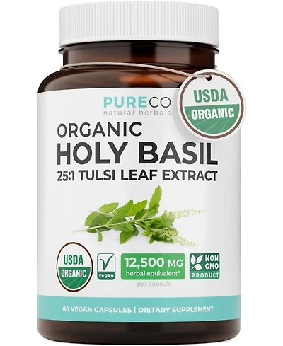 Pure Co Holy Basil Extract Capsules, 25:1 Holy Basil Tulsi Extract, 500 Milligram, 60 Capsules