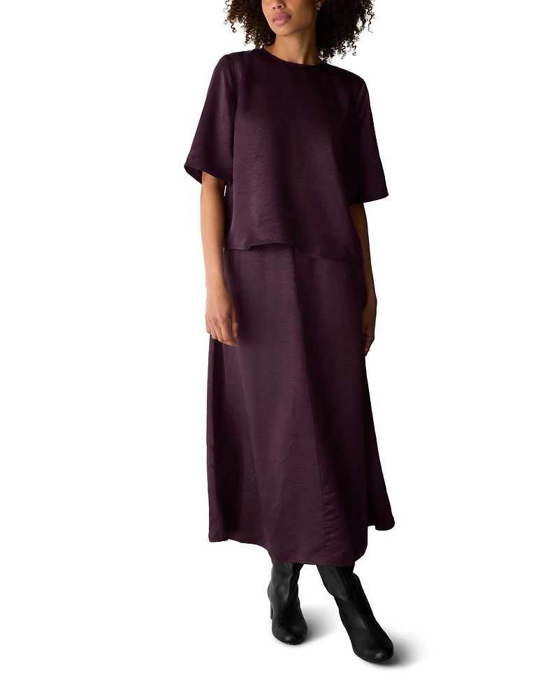 Eileen Fisher Women's Crewneck Elbow-Sleeve Crinkled-Satin Blouse