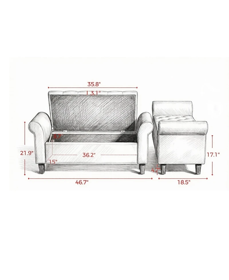 Slickblue Storage Ottoman Bench with Button Tufted Seat and Rolled Arms