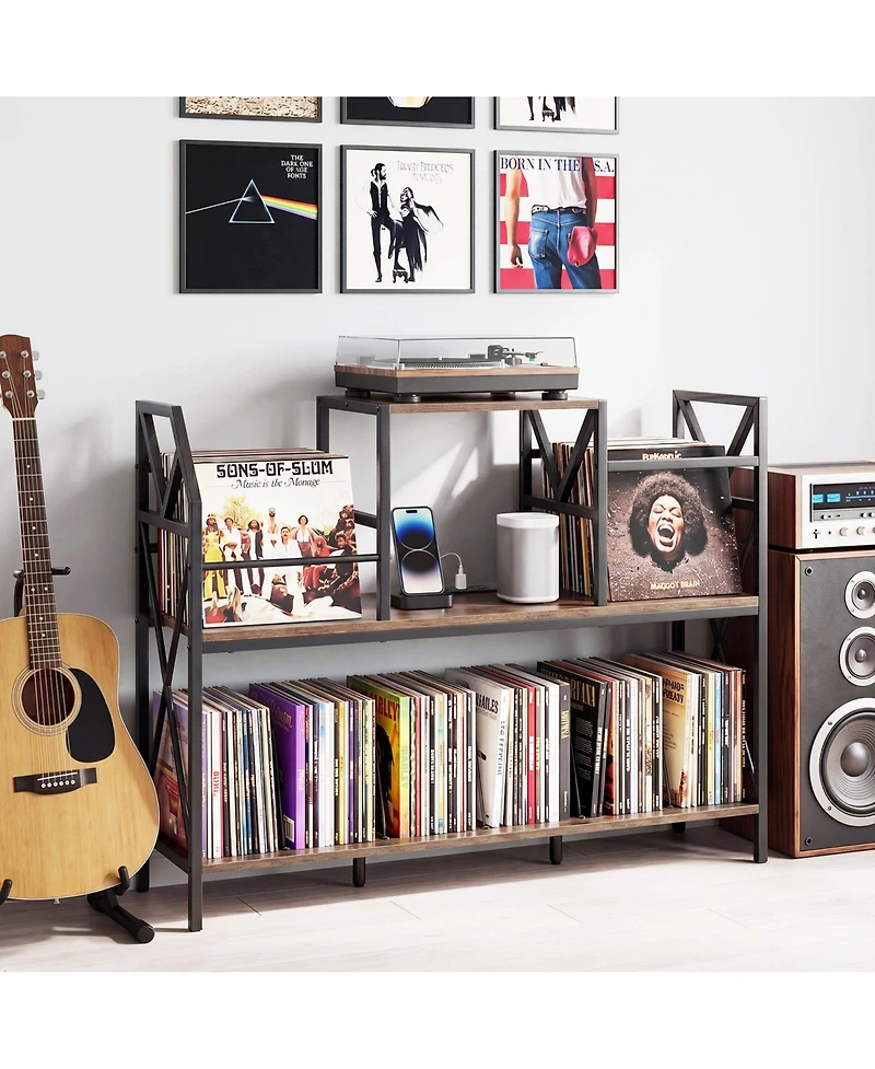 Gymax Record Player Stand with Power Outlets Turntable Stand with Vinyl Storage Dividers