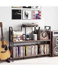 Gymax Record Player Stand with Power Outlets Turntable Stand with Vinyl Storage Dividers