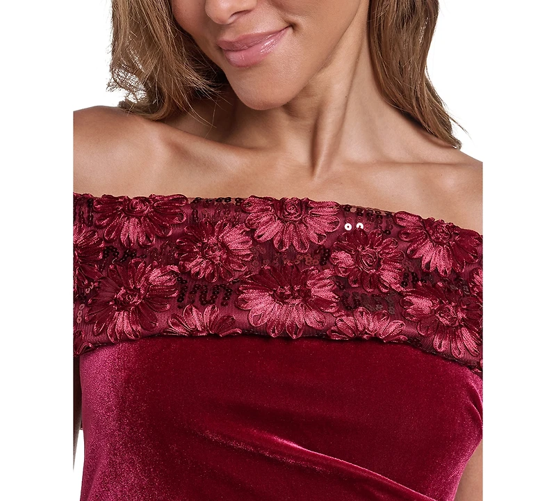 Eliza J Women's Off the Shoulder Side Tuck Velvet Floral-Applique Sequin Gown