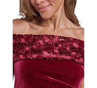 Eliza J Women's Off the Shoulder Side Tuck Velvet Floral-Applique Sequin Gown