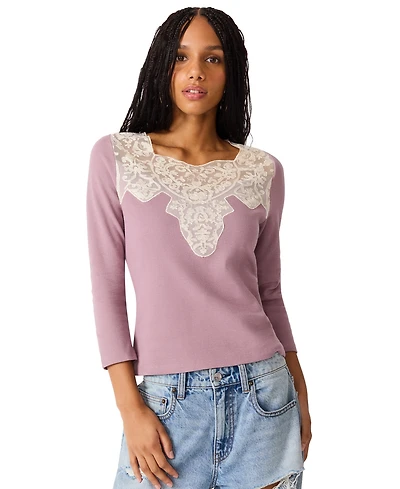 Steve Madden Women's Rib Knit Lace Trim 3/4 Sleeve Square Neck Top