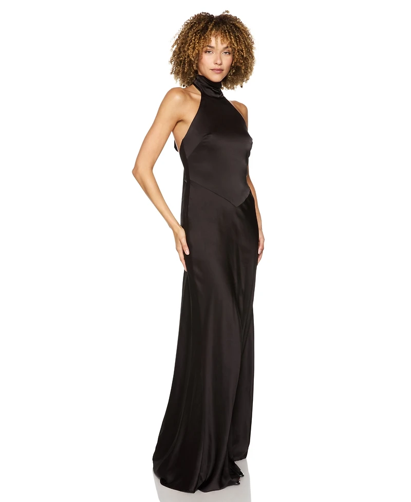B Darlin Juniors' Halter-Neck Satin Back-Neck Tie Gown
