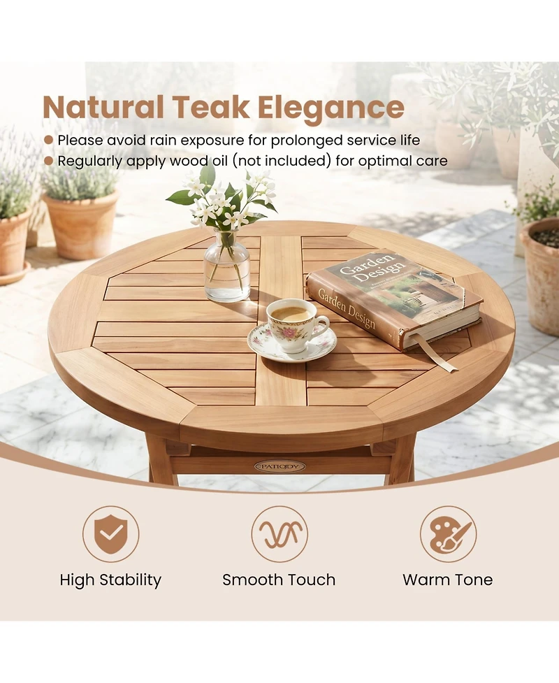 Mecale 24 in Round Solid Teak Folding Bistro Table with Footrest