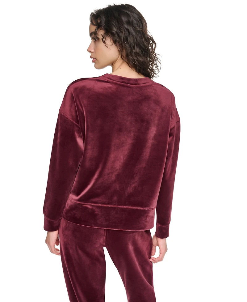 Dkny Sport Women's Velour Relaxed-Fit High-Low Crewneck Pullover Top with Varsity Rhinestone Logo