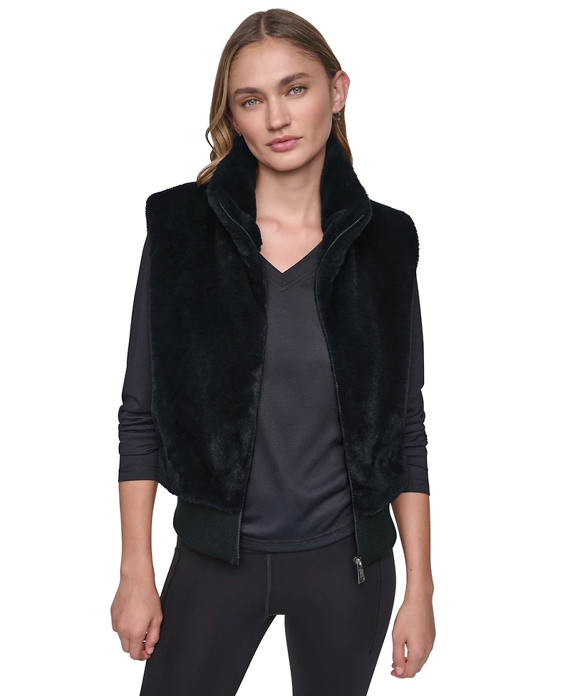 Dkny Sport Women's Mock-Neck Ribbed-Knit Hem Faux Fur Vest