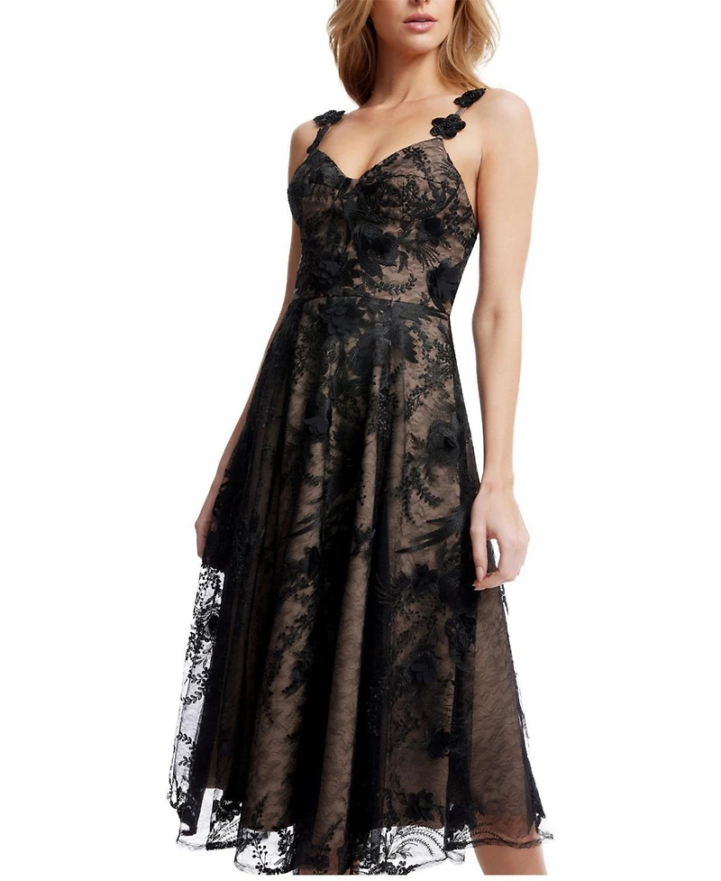 Dress The Population Women's Maren Sweetheart Neck 3D Floral Lace Midi Dress