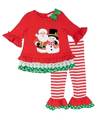 Rare Editions Baby Girls' Solid Knit and Snowman Applique Top Stripe Leggings, 2-Piece Set