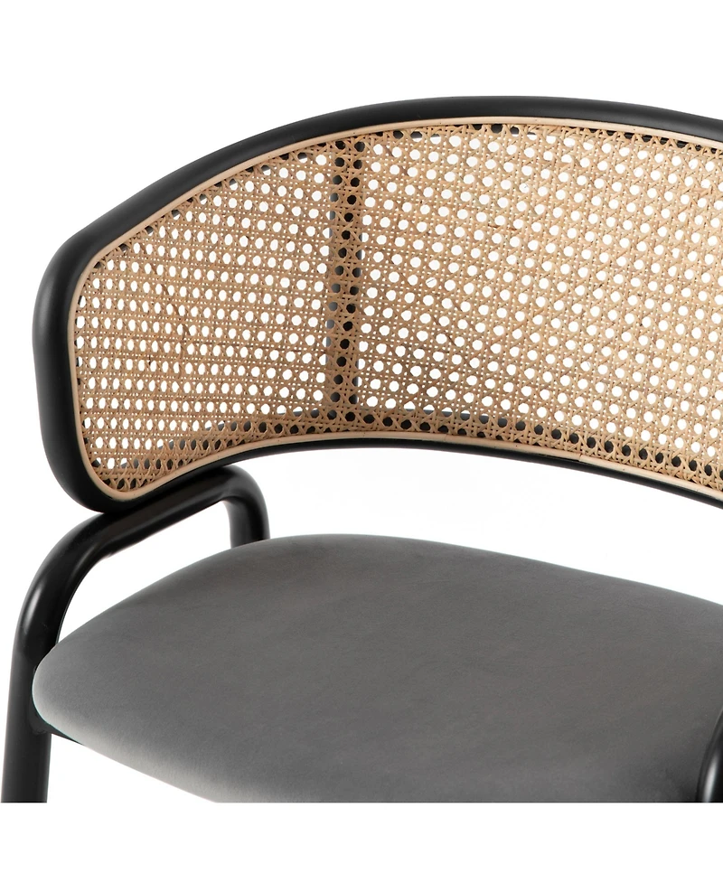 LeisureMod Ervilla 2-pcs Velvet Dining Chair with Rattan Backrest - Modern Kitchen Accent Armchair with Floor Protectors