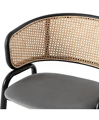 LeisureMod Ervilla 2-pcs Velvet Dining Chair with Rattan Backrest - Modern Kitchen Accent Armchair with Floor Protectors