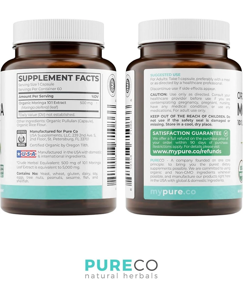 Pure Co Moringa Leaf Supplement, High Potency Moringa Leaf Extract, Non-gmo, 120 Capsules