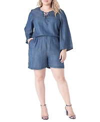Standards & Practices Plus Barbie Bell-Sleeve Lace-Up V-Neck Denim Romper