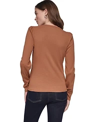 Dkny Jeans Women's Scoop Neck Long-Puff Sleeve Rhinestud Cotton-Blend Top