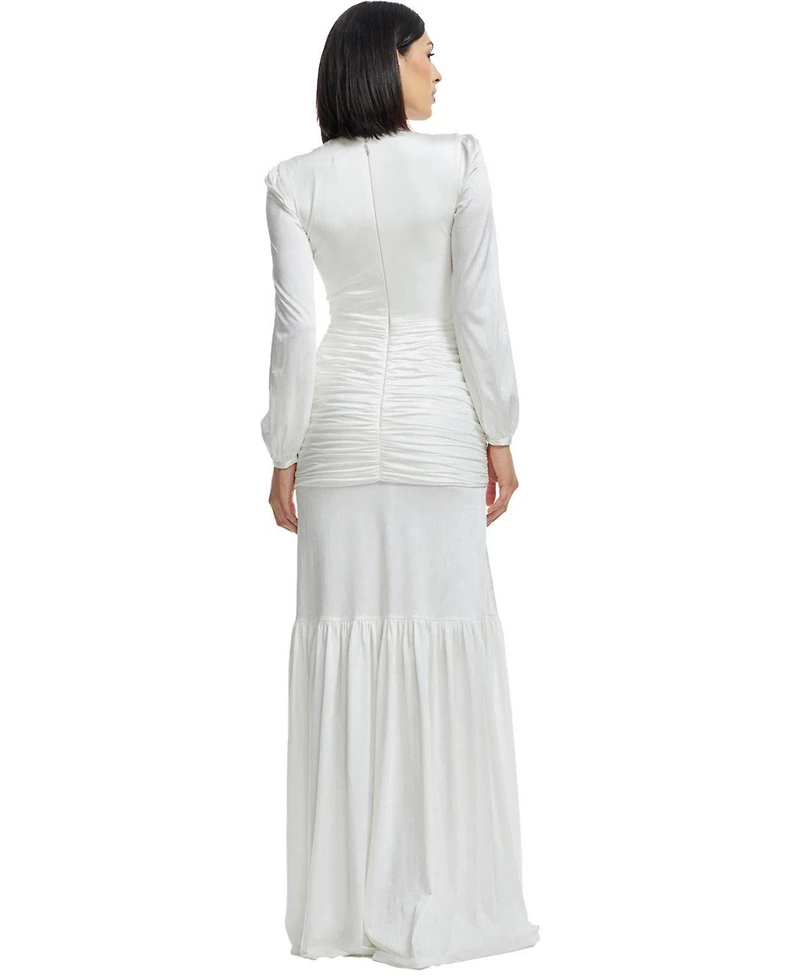 Dress The Population Women's Lucille Long Sleeve Keyhole Neck Ruched Tiered Gown