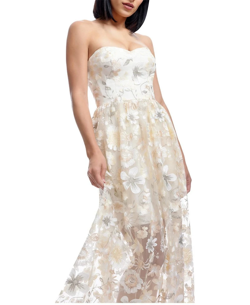 Dress The Population Women's Audrina Strapless Sweetheart 3D Floral Applique Sheer Overlay Gown