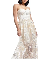 Dress The Population Women's Audrina Strapless Sweetheart 3D Floral Applique Sheer Overlay Gown