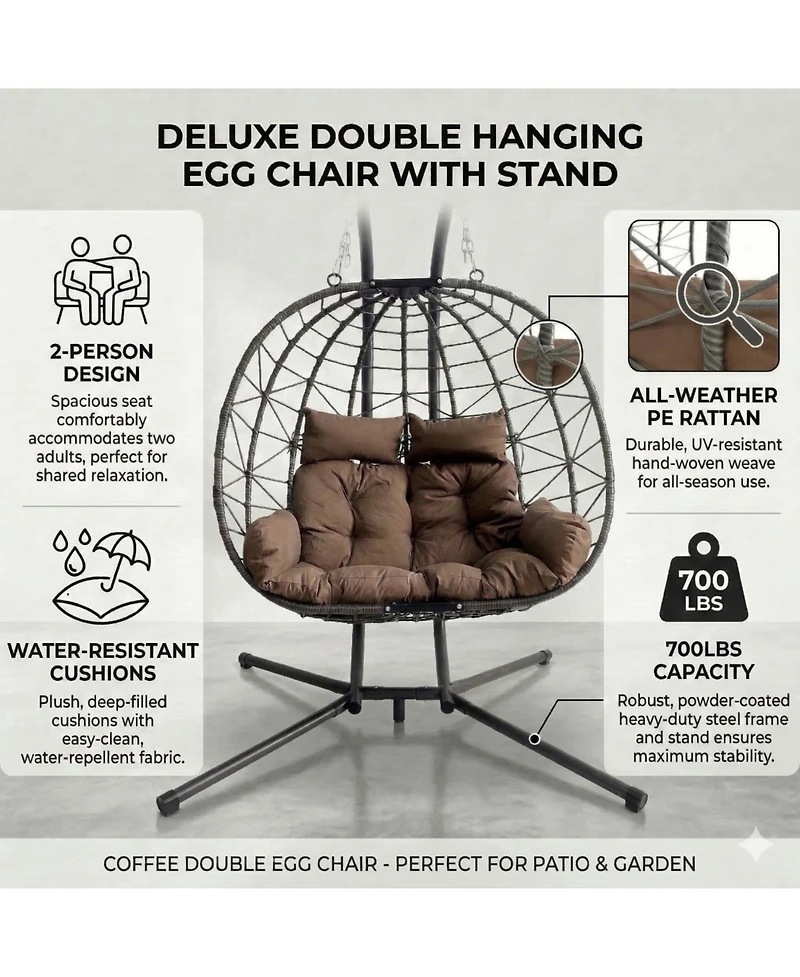 Asagikoiai Outdoor 2-Person Patio Hammock Swing Egg Chair with Stand
