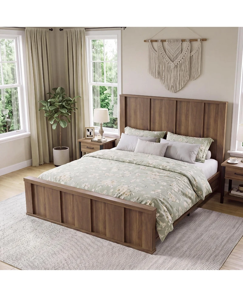 homfan Wooden Platform Bed Frame, Solid Wood Finish with Tall Vertical Panel Headboard & Footboard, No Box Spring Needed, for Bedroom