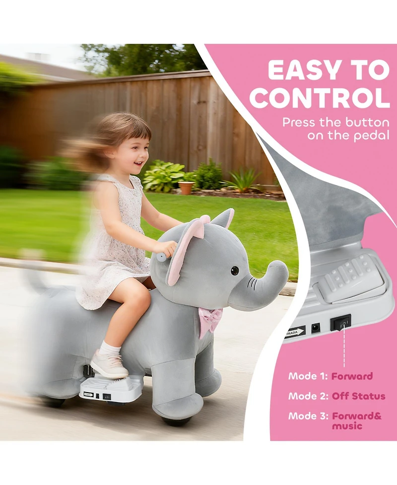 Glintex 6V Ride-On Elephant with Music, Padded, 55 lb Capacity, Ages 1.5-5