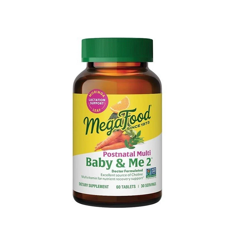 MegaFood Baby and Me 2 Postnatal Multivitamin with Choline, Methylated Folate and Moringa Leaf
