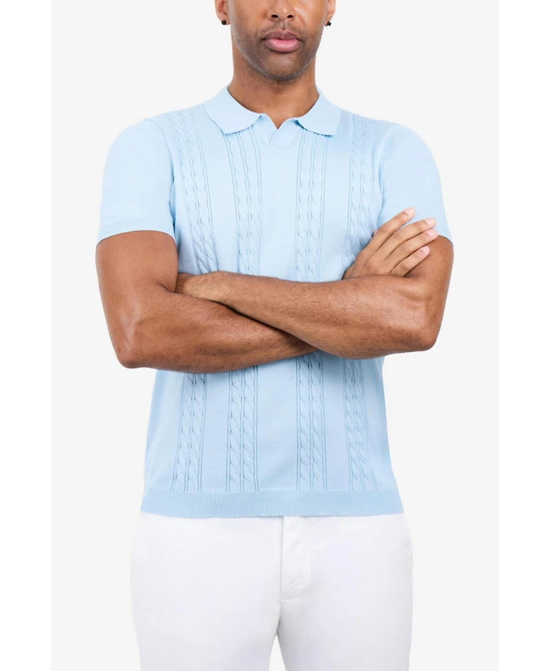 Spring + Mercer Men's Cable Knit Johnny Collar Sweater Slim-Fit Polo Shirt