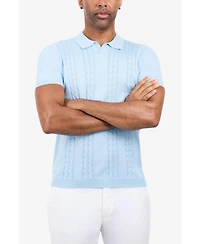 Spring + Mercer Men's Cable Knit Johnny Collar Sweater Slim-Fit Polo Shirt